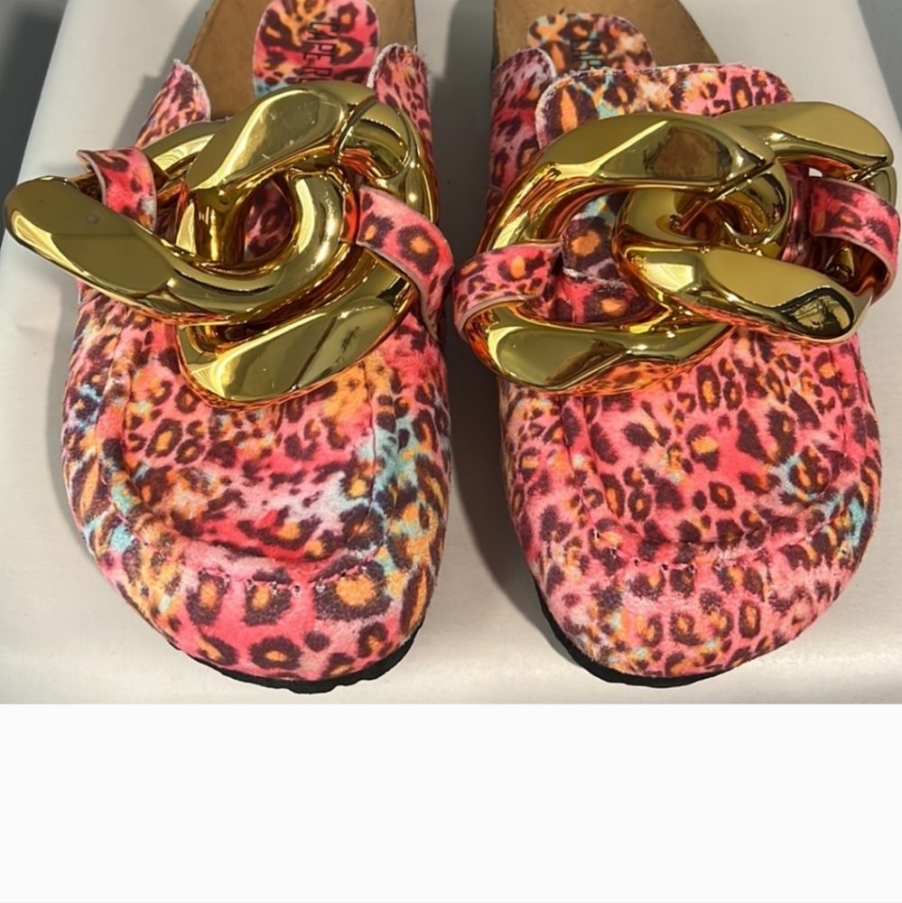New Cape Robbin Colinda Pink Leopard Slip On Big Buckle Gold Slide Mule Sandal - Picture 8 of 10